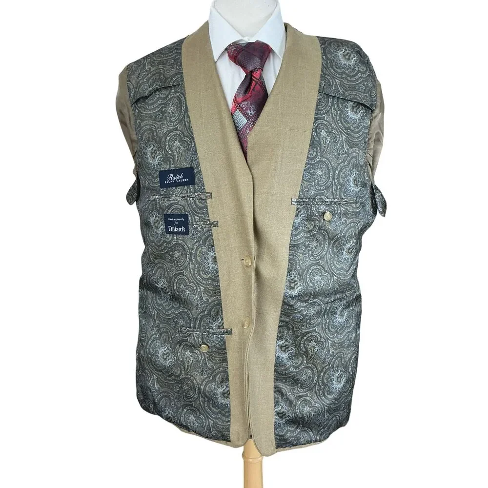 Ralph Lauren Jacket Blazer Sport Coat 44R Silk Wool Beige Windowpane 2-BTN Tan